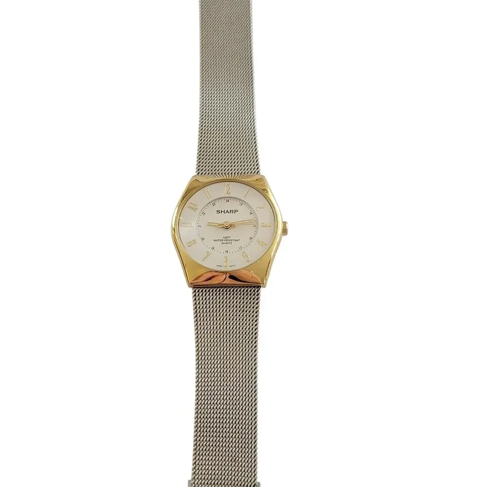 Sharp Womens Watch White Dial Gold Case Silver Mesh Bracelet Quartz Analog